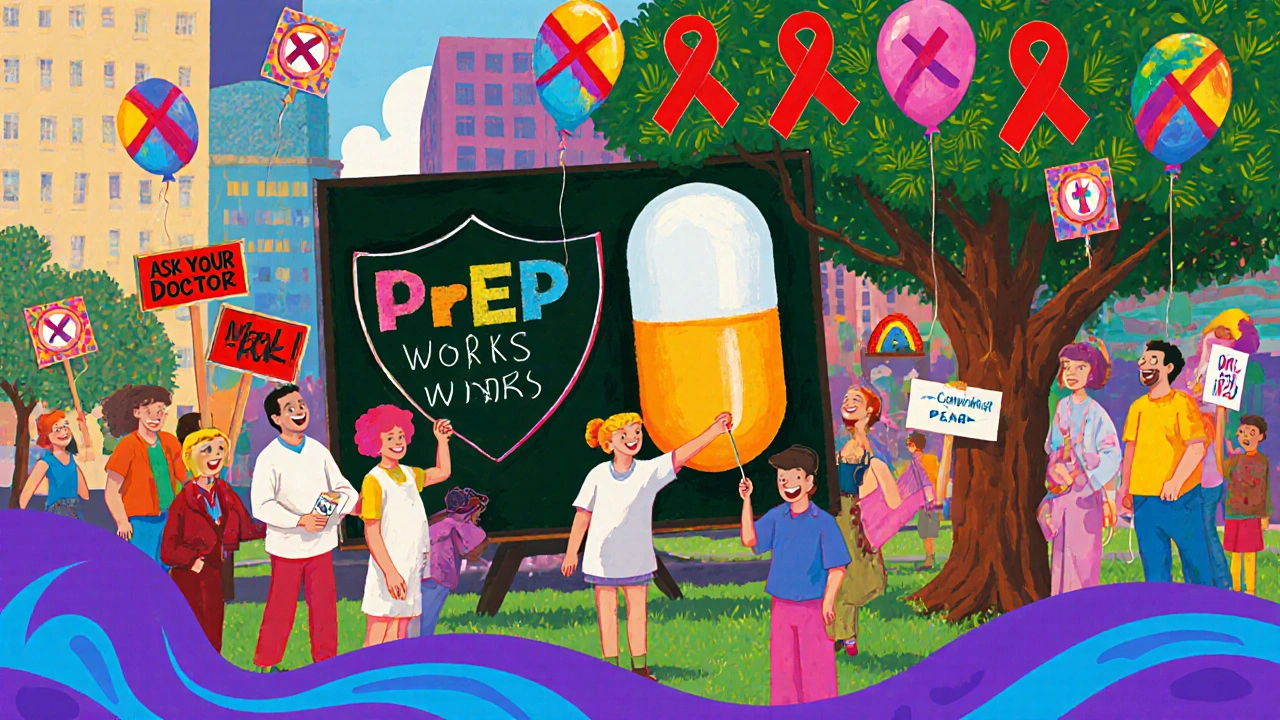 A colorful community gathering around a chalkboard with a PrEP symbol, people holding signs and laughing under a rainbow tree.