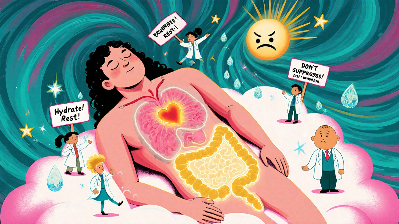 A peaceful human body healed by hydration and probiotics, while Imodium is gently pushed away by sunlight.