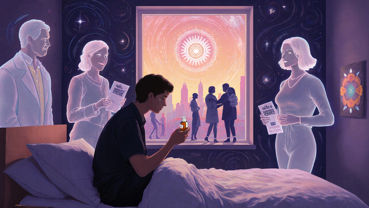 A person holding a pill bottle as glowing versions of their future selves appear around them in a serene, dreamlike room.