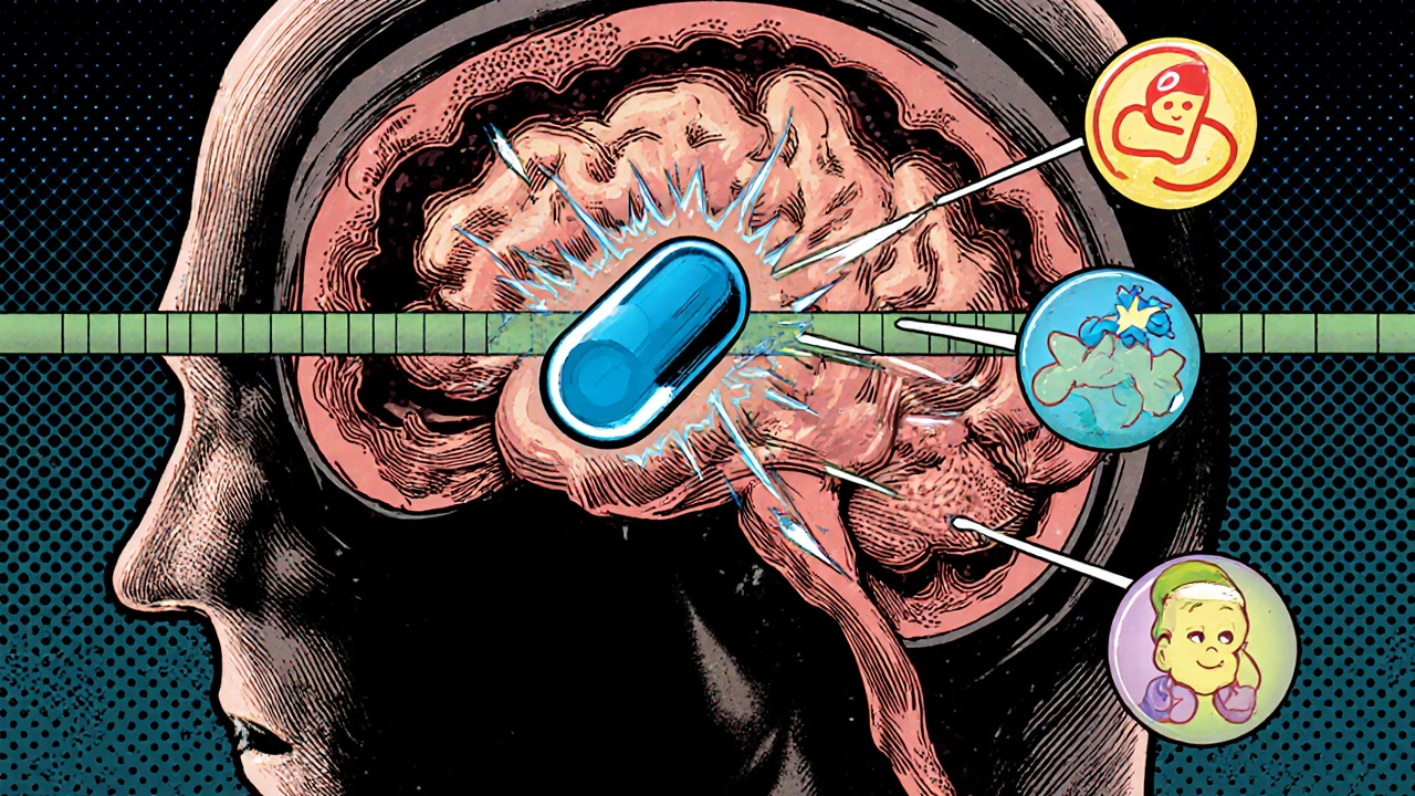 Atorvastatin molecule crosses brain barrier, near glowing neurotransmitter symbols.