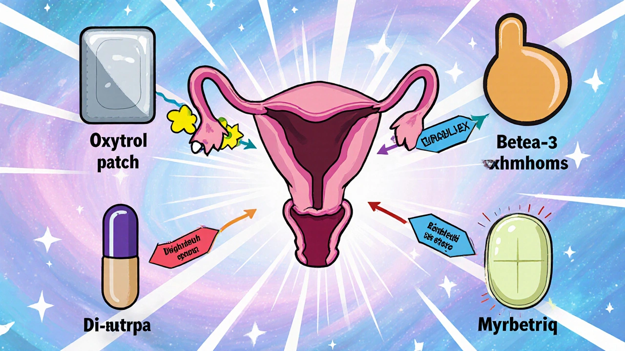 Cartoon bladder surrounded by five drug icons with arrows showing different mechanisms and side‑effects.