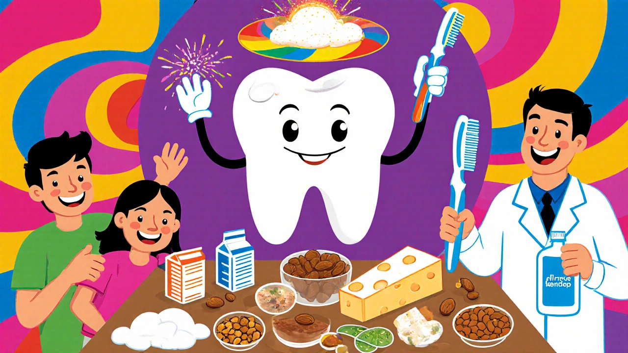Cartoon kitchen scene with phosphate‑rich foods, toothbrush, and sparkling tooth mascot.