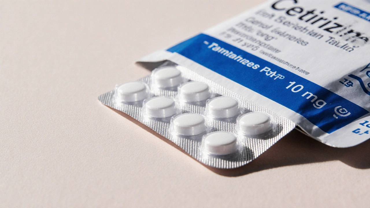 Close‑up of an opened blister pack revealing white generic cetirizine tablets.