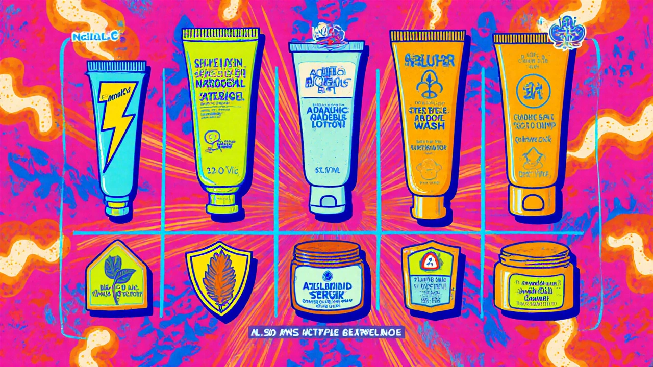 Colorful cartoon grid comparing Benzac AC Gel with seven other acne products, each with action icons.