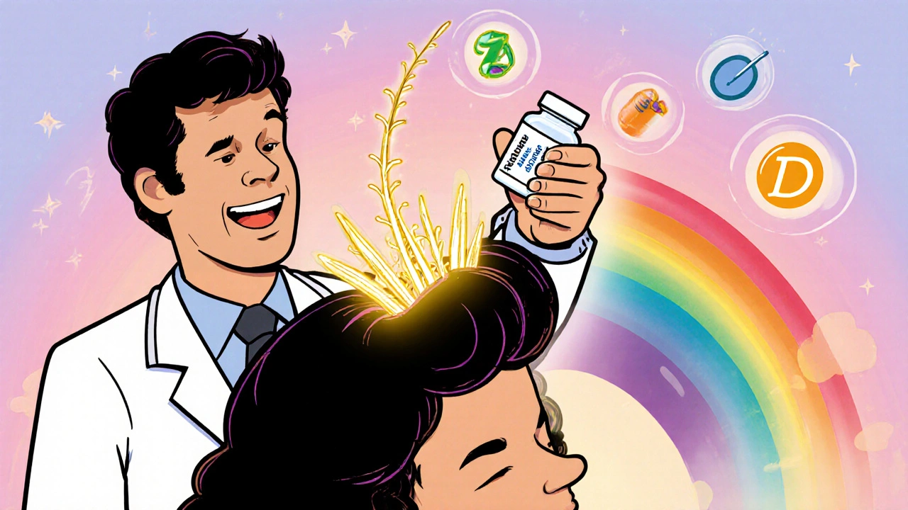 Colorful scene of doctor, medication bottle, vitamins, and new hair growth.