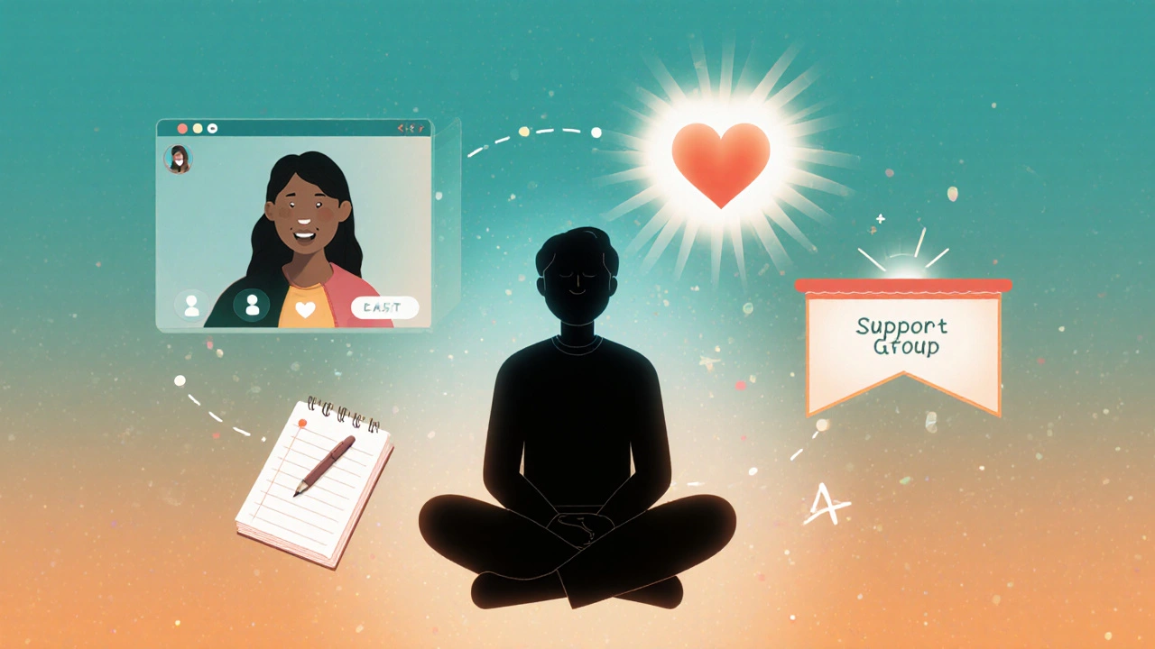 Conceptual image of a parent with MG surrounded by icons of support and self‑care.
