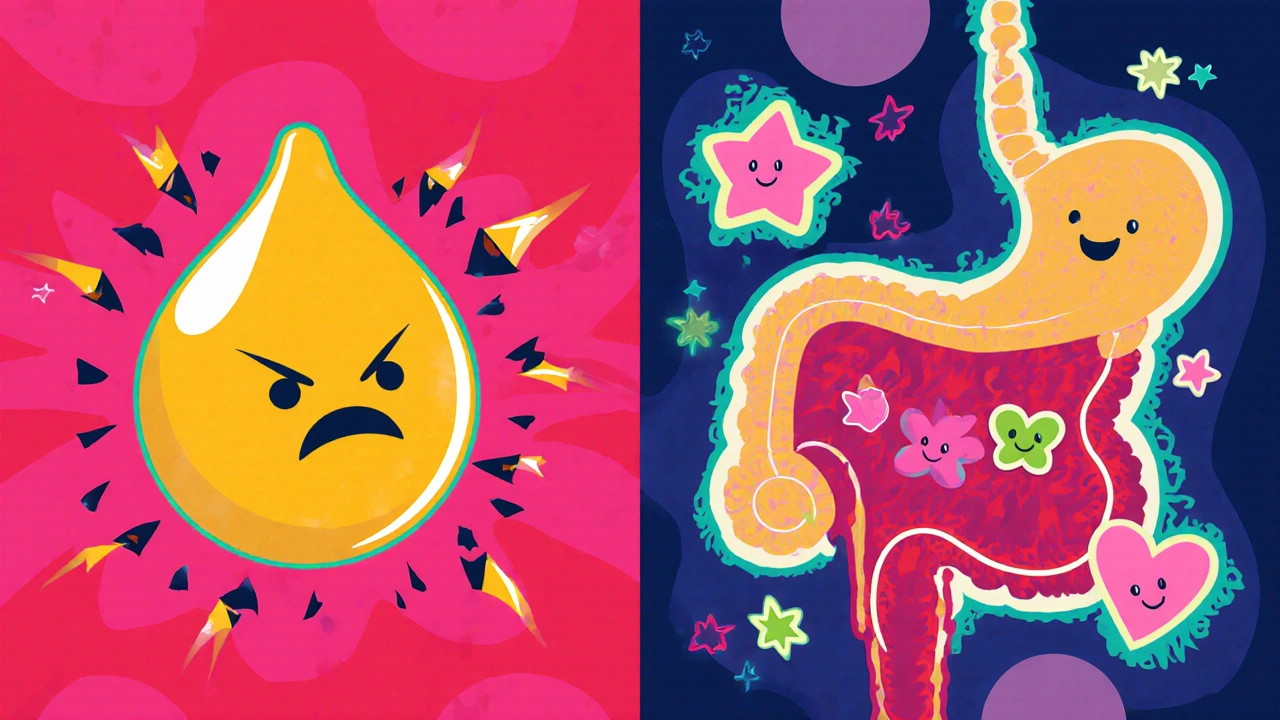 Contrasting images: grapefruit destroying an enzyme vs. pomegranate juice flowing peacefully through the body.