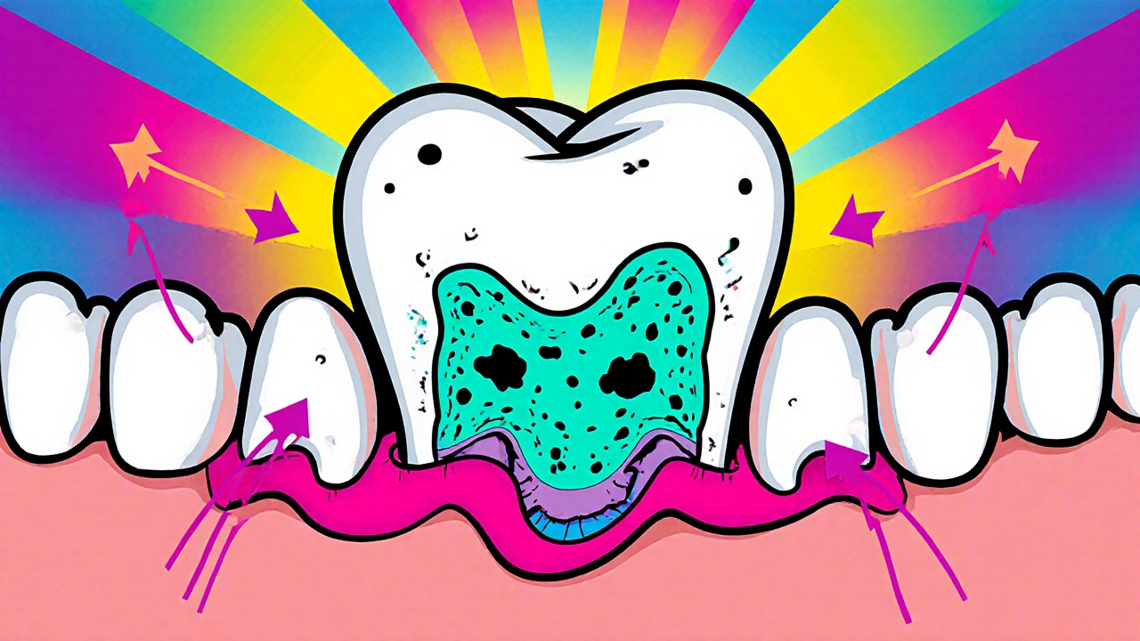 Cross‑section of a cartoon mouth showing pitted enamel, cavities, and receding gum line.