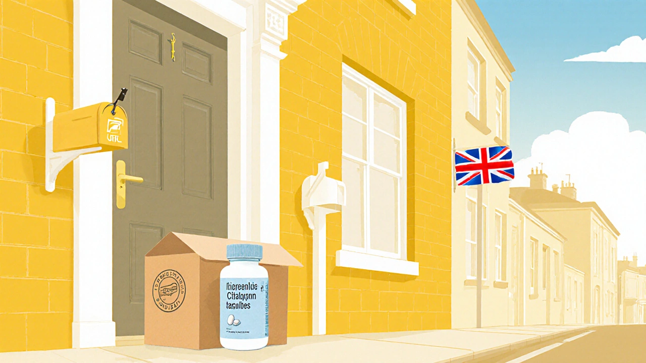 Delivery box at a doorstep showing a generic antidepressant bottle inside.