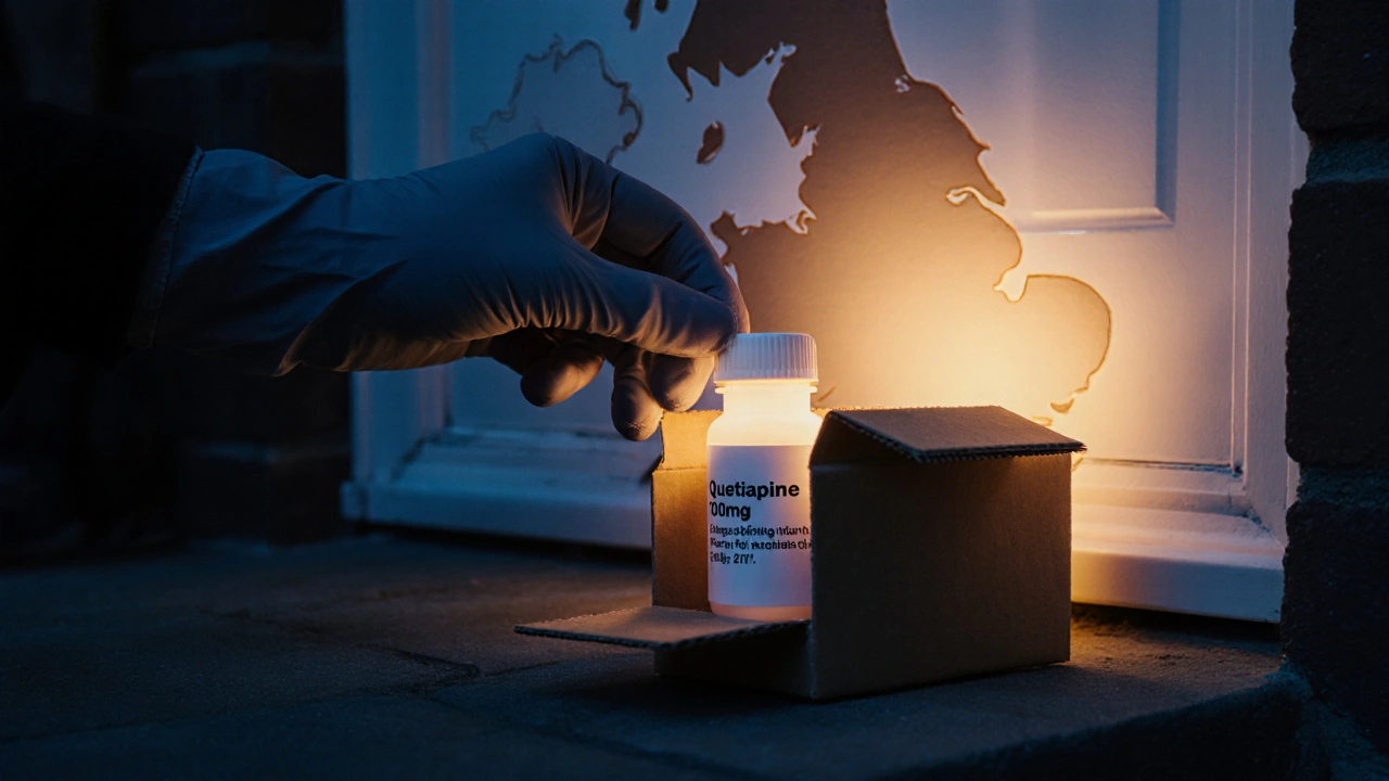 Discreet parcel on doorstep with a bottle of quetiapine 100mg and visible expiry date.