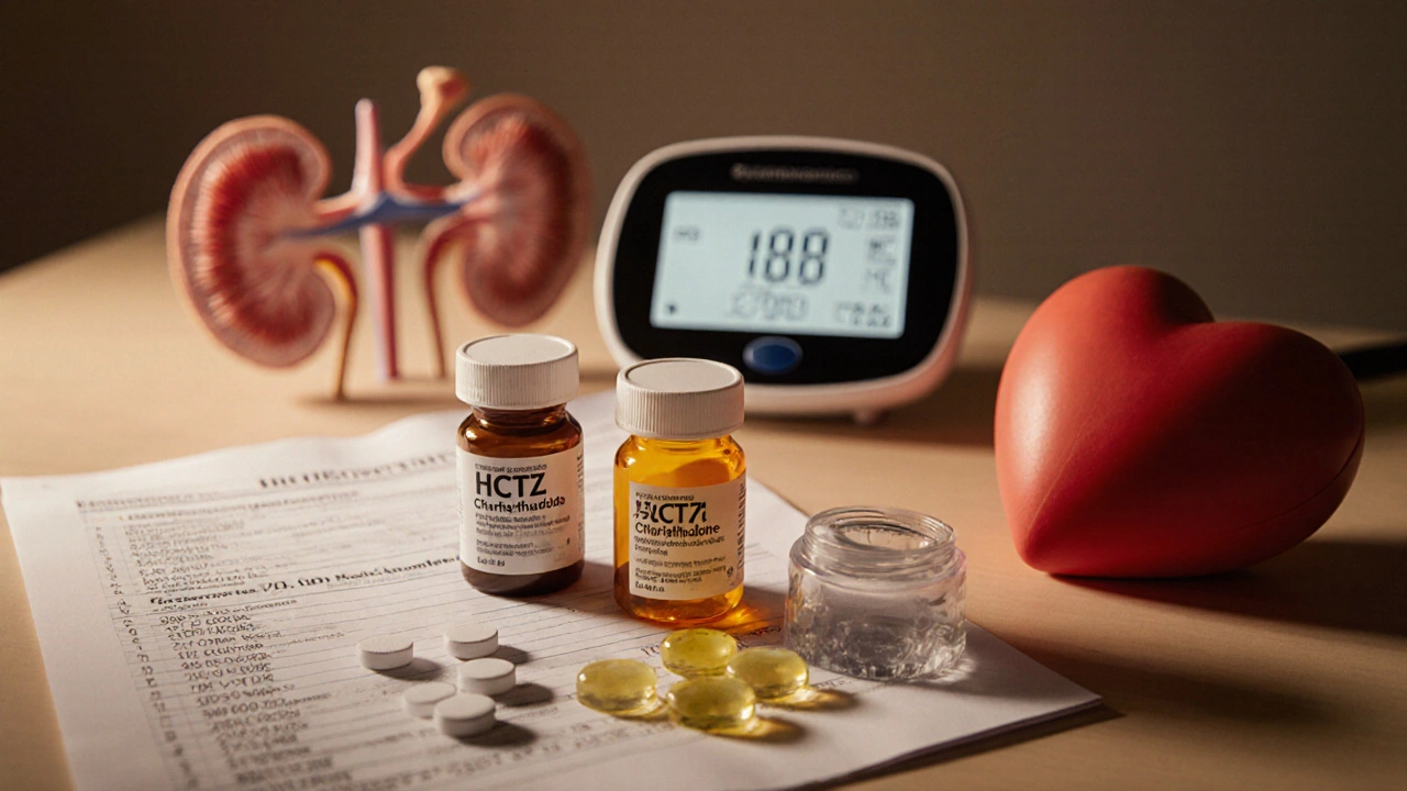 Doctor's desk with pill bottles of HCTZ, chlorthalidone, and furosemide beside lab report and BP monitor.