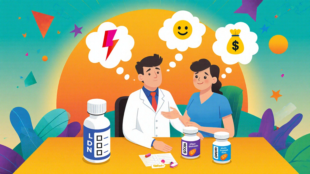 Doctor and patient reviewing a checklist with thought bubbles of pain, mood, and cost, surrounded by colorful medication bottles.