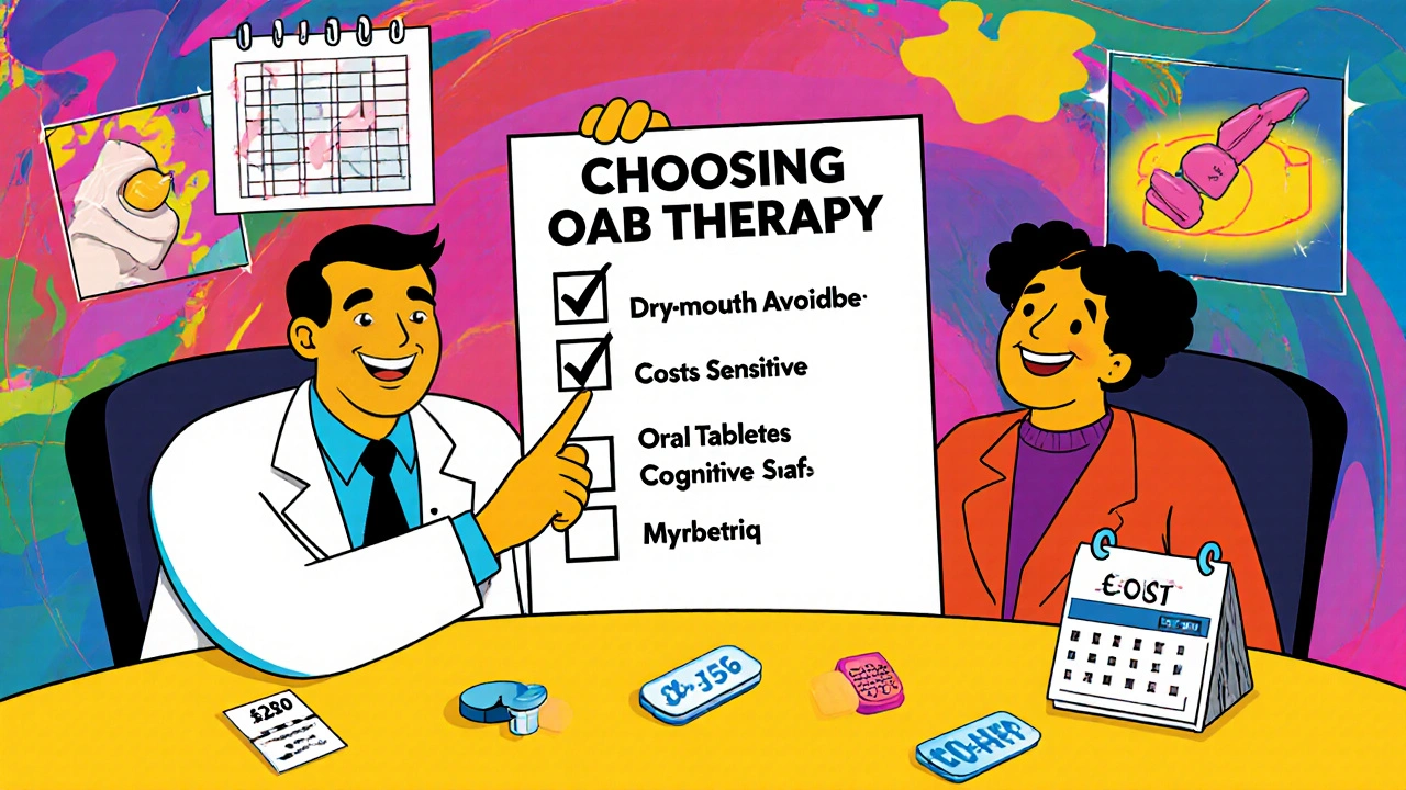 Doctor and patient reviewing cost tags, side‑effect symbols, and a checklist for OAB therapy choices.