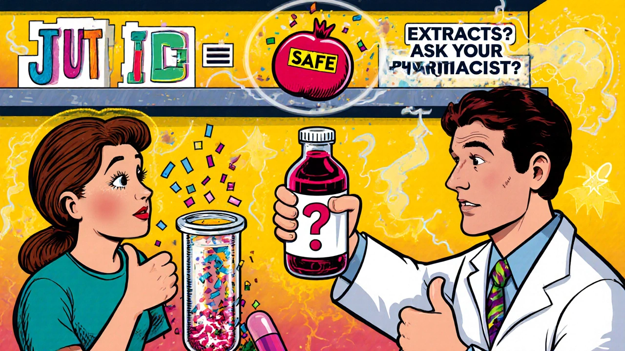 Doctor approves pomegranate juice while outdated lab warnings fade away, colorful medical office scene.