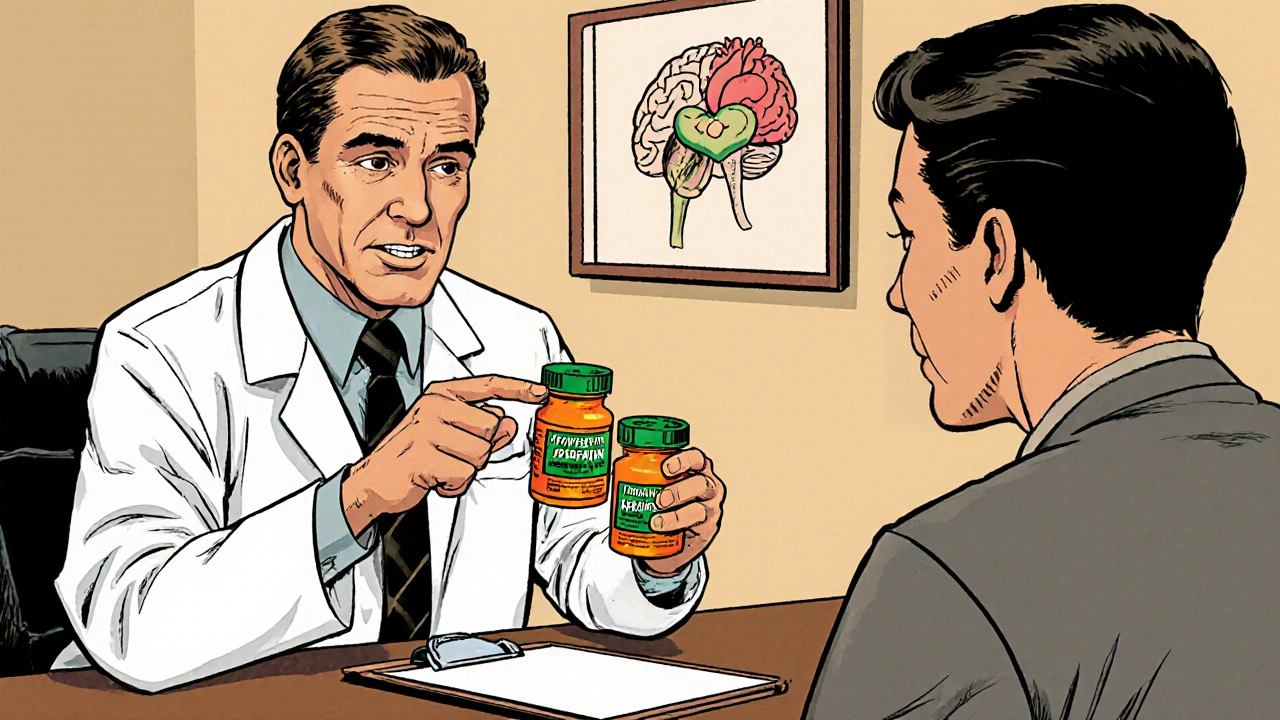 Doctor discusses pill options with patient, showing heart and brain illustrations.