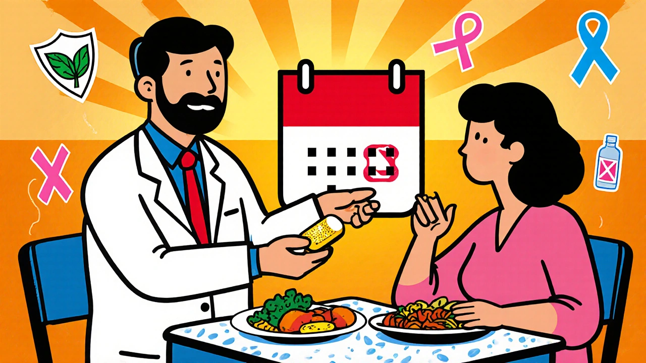 Doctor gives patient a single tinidazole pill beside food, with symbols for safety and one‑day treatment.