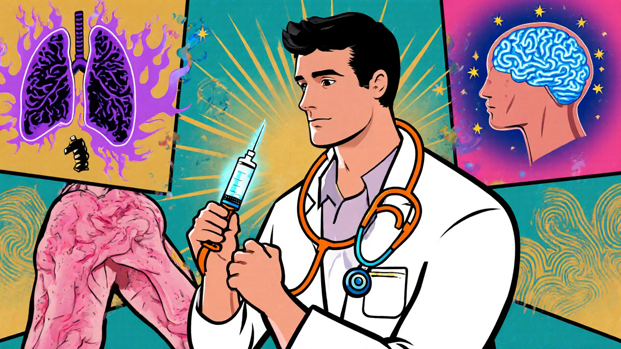 Doctor giving methylprednisolone to patient, showing asthma, arthritis and MS icons.