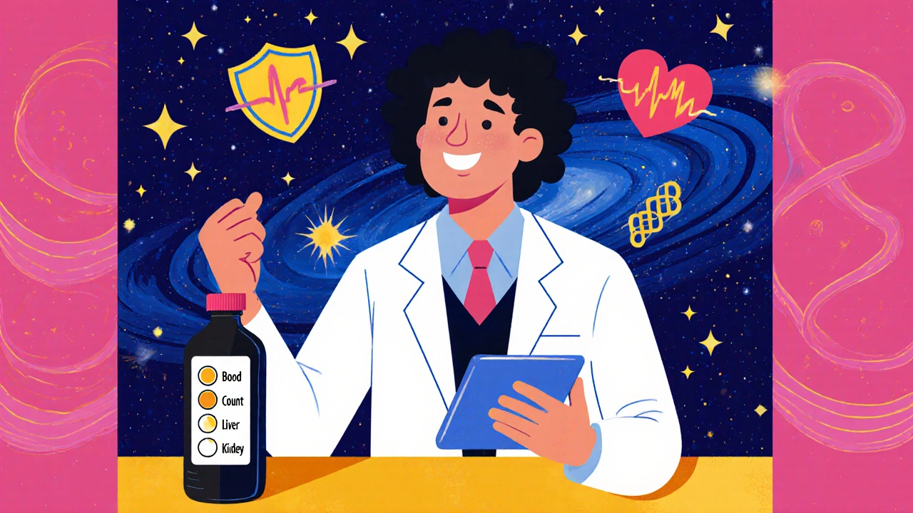 Doctor reviewing lab icons and Baricitinib bottle, surrounded by futuristic symbols in bright hues.