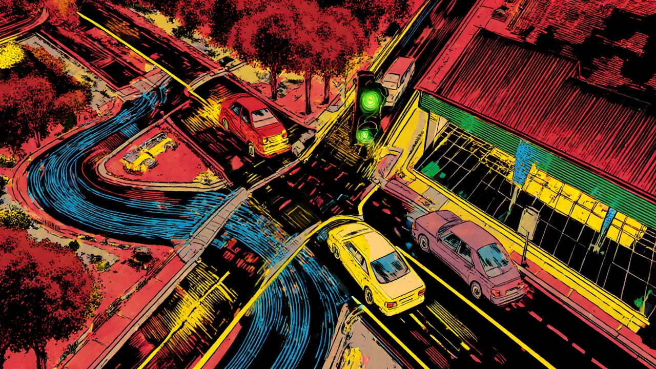 Feeder‑road grid with park‑and‑ride and adaptive traffic signal guiding smooth traffic, comic illustration.