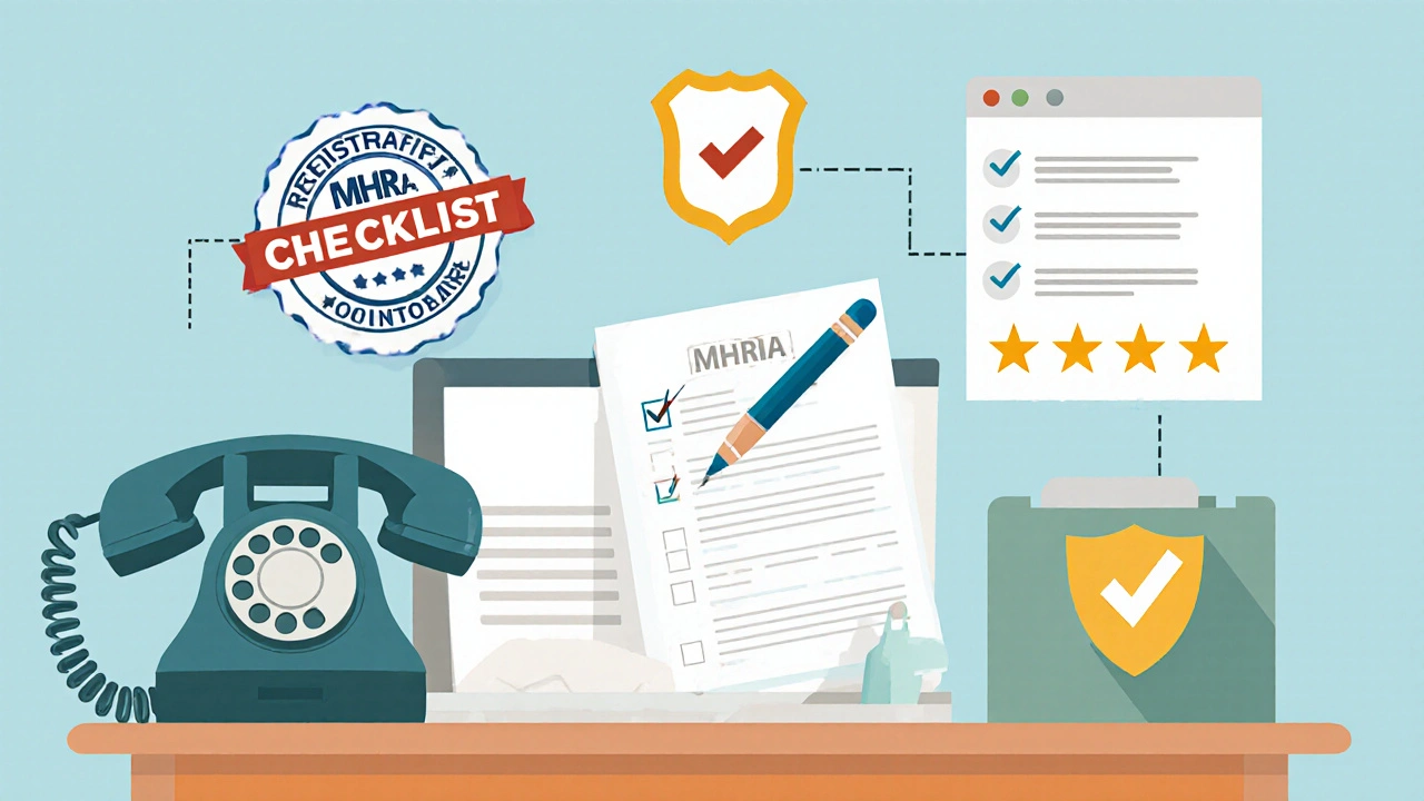 Flat illustration showing MHRA badge, prescription, phone, secure checkout, and review icons on a desk.