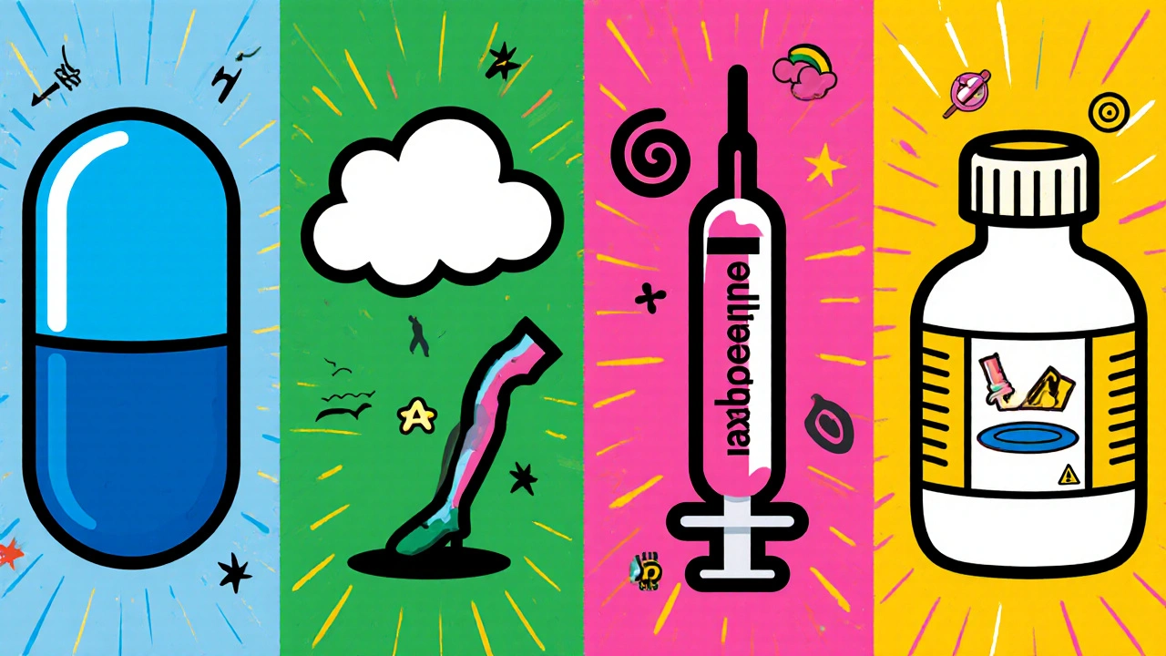 Four colorful panels showing duloxetine capsule, gabapentin tablet, methylnaltrexone syringe, and ibuprofen tablet with side‑effect icons.