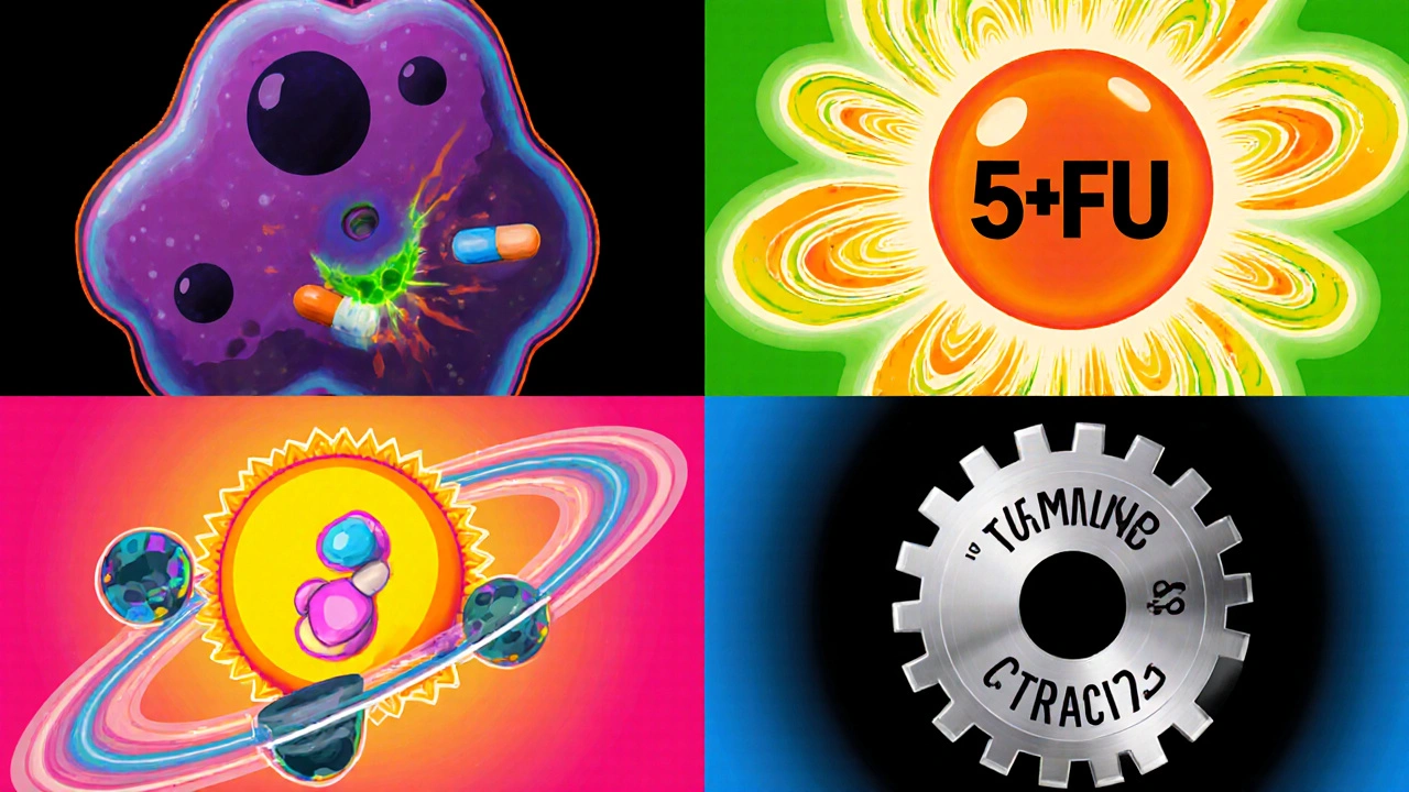 Four oral chemo drugs illustrated side by side with their activation mechanisms in bright cartoon style.