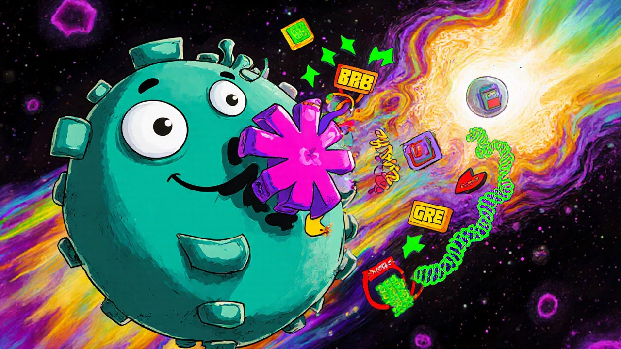 Glucocorticoid receptor binding methylprednisolone and entering nucleus with colorful DNA.