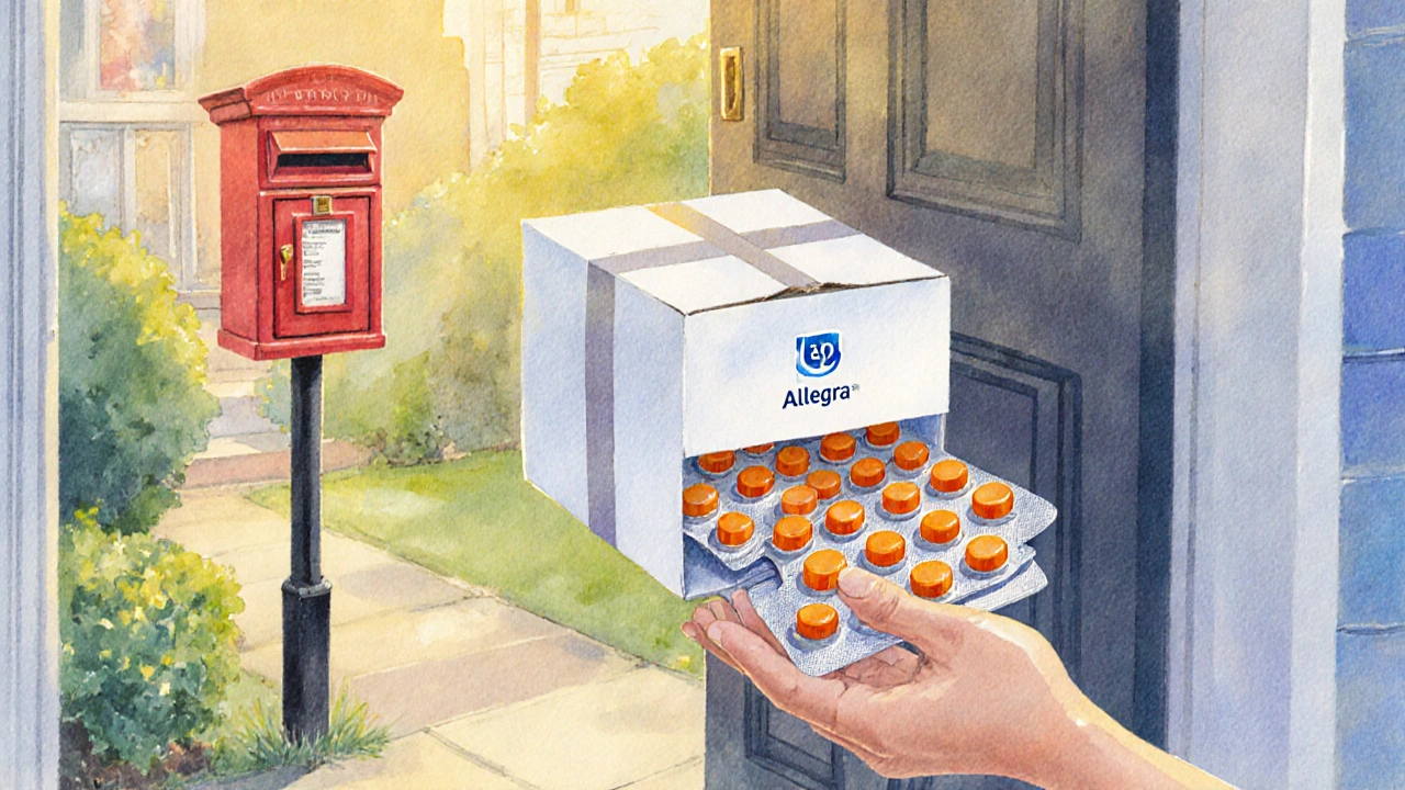 Hand holding a delivery box of generic Allegra tablets on a UK doorstep.