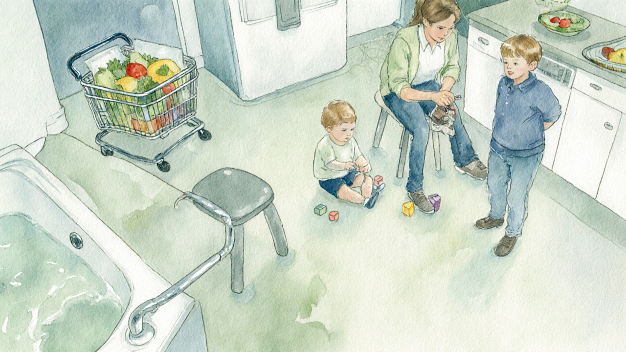 Home safety scene shows grab bar, rolling cart, and stool helping a parent with MG.