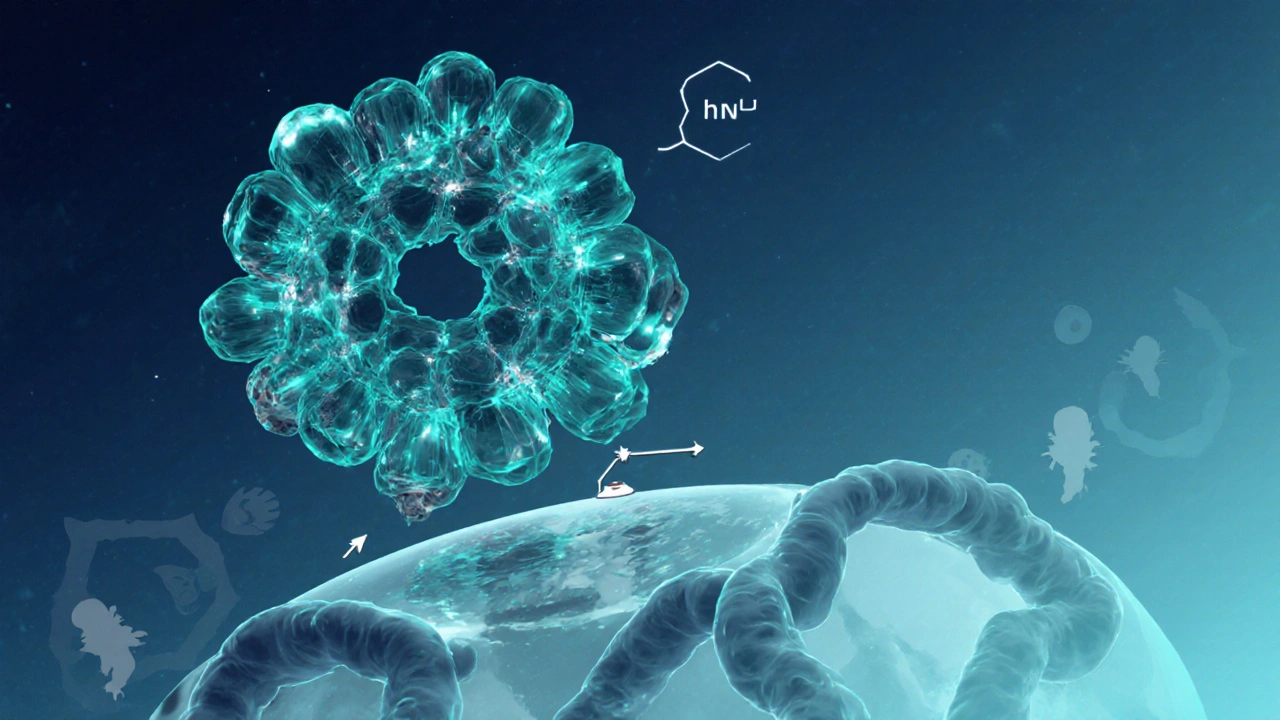 Illustration of azithromycin molecule binding to a bacterial ribosome, showing inhibition of protein synthesis.