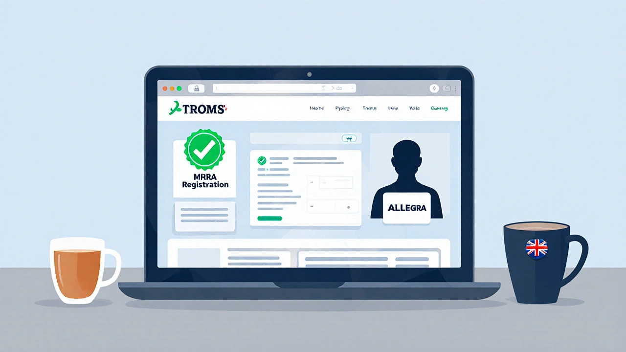 Laptop screen displaying MHRA‑verified online pharmacy details, emphasizing safety.