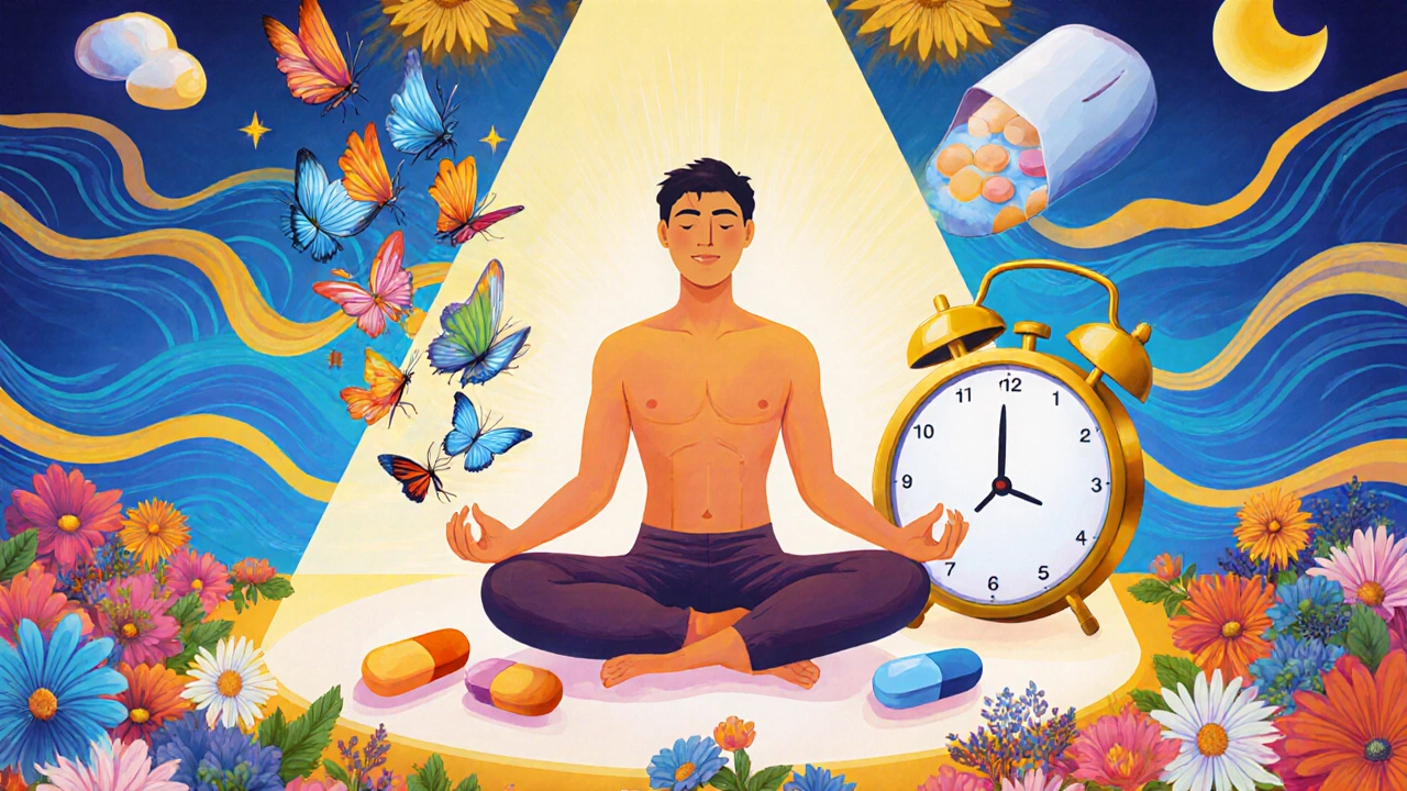 Meditator in a glowing room with cortisol butterflies, pills, and sleep clock radiating calm blue and gold waves.