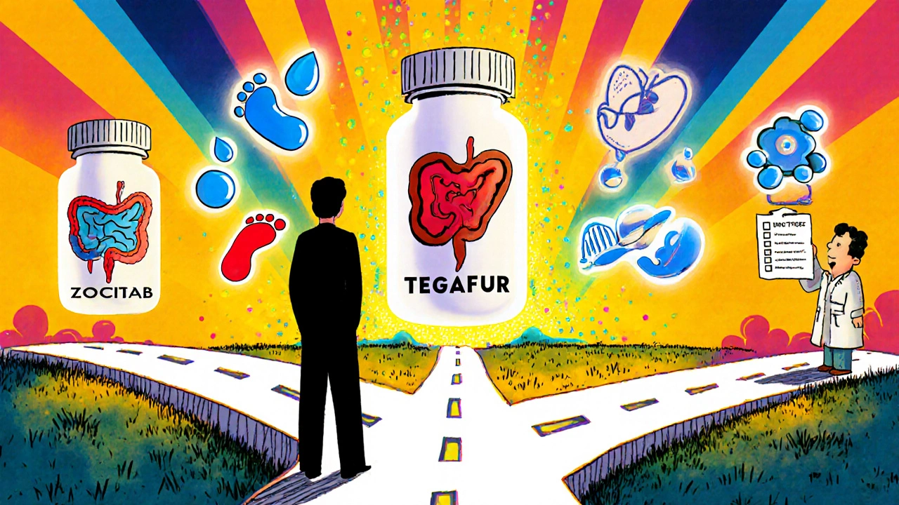 Patient at a crossroads choosing between Zocitab, S‑1, and Tegafur, with side‑effect icons and organ symbols.
