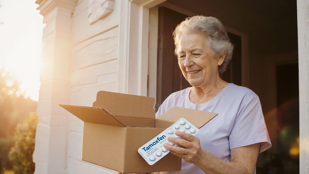 Patient opening a discreet box revealing tamoxifen blister pack, smiling.