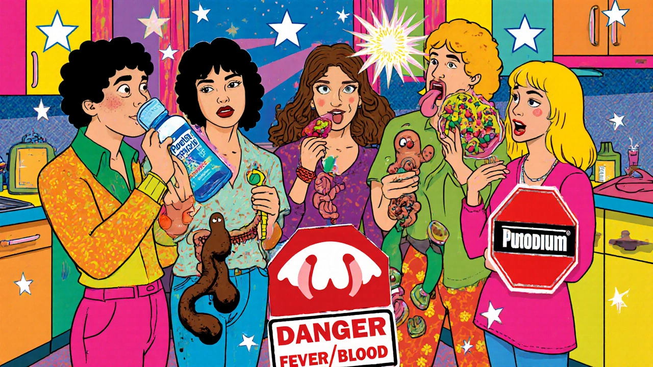 People using different diarrhea remedies in vibrant 70s style, with humorous black stool and caution signs.