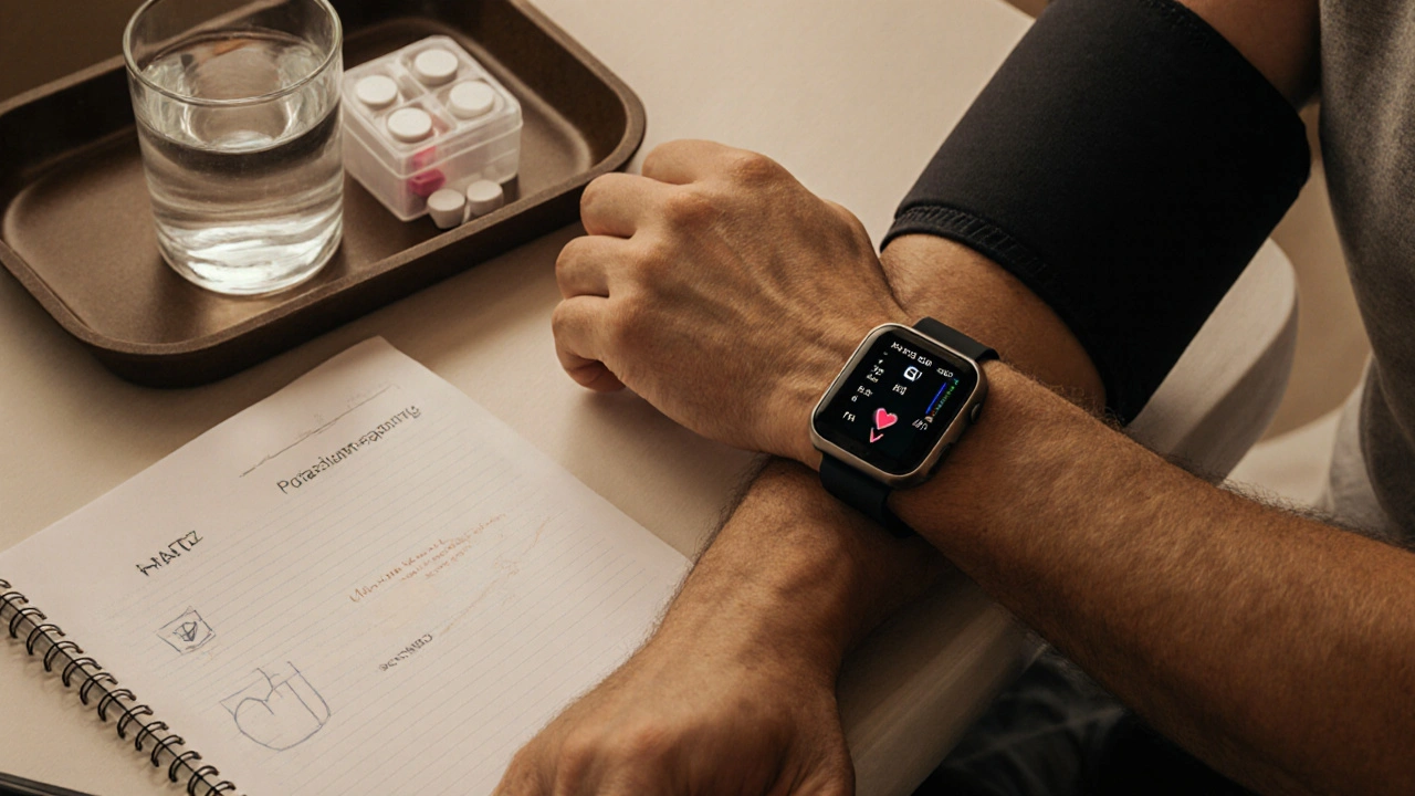 Person checking nighttime blood pressure with pill organizers for HCTZ and a potassiumâsaver on bedside table.