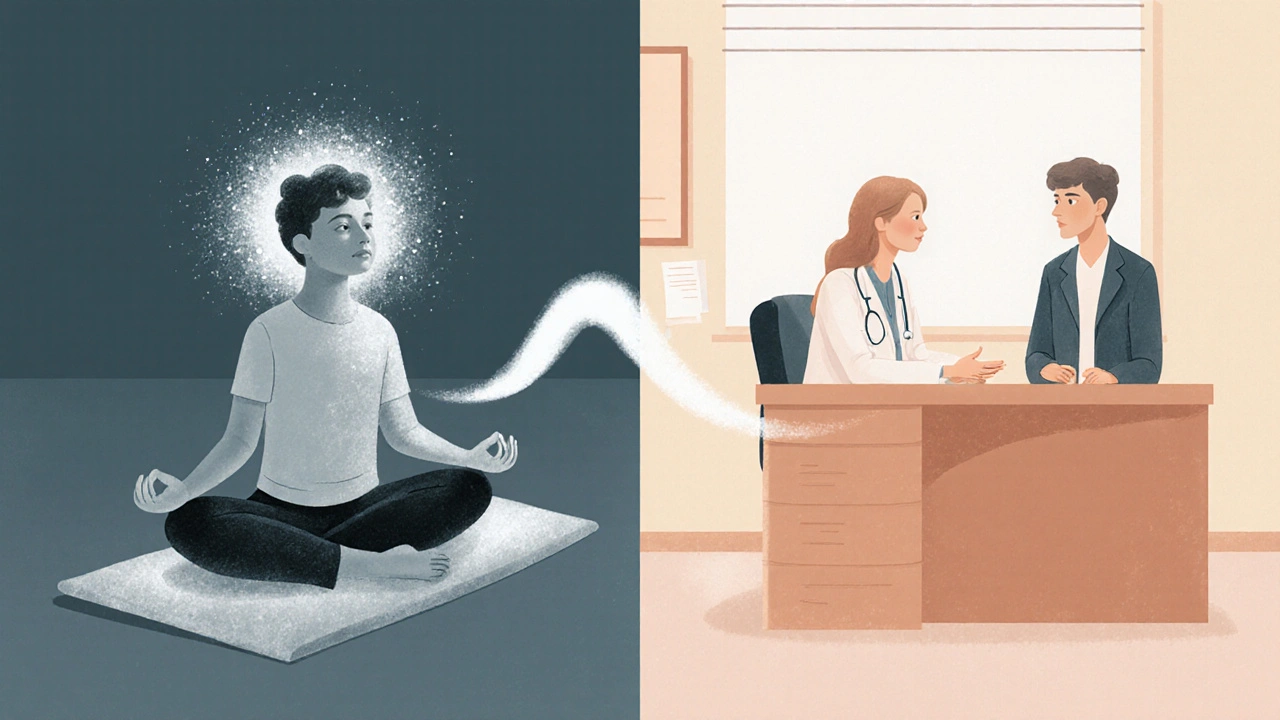 Person meditating and consulting doctor, connected by a ribbon of light representing integrated care.