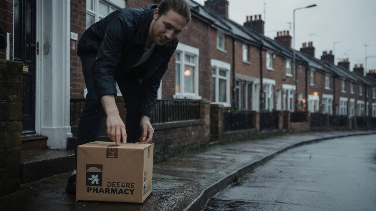 Person picking up a pharmacy delivery box on a rainy UK doorstep.
