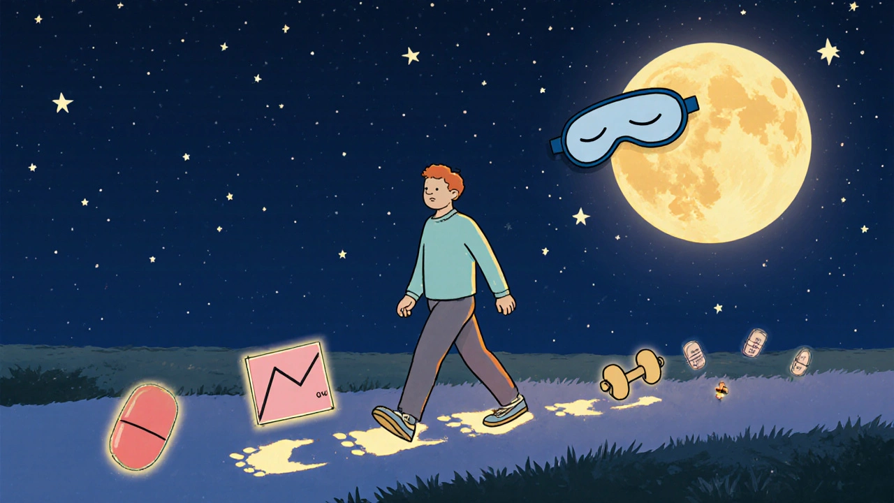 Person walking at night with glowing footprints, dumbbells, and coenzyme Q10 capsules under a sleep-mask moon.