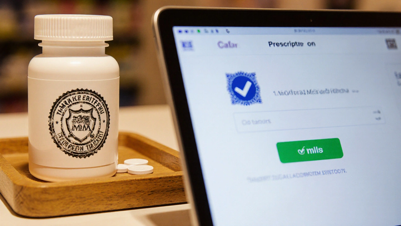 Pharmacy desk showing tamoxifen bottle, MHRA shield, NHS badge, and prescription upload screen.