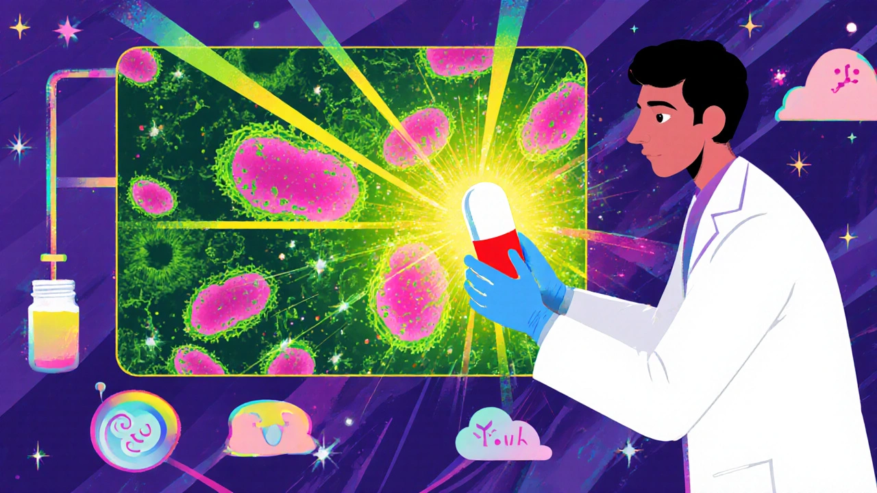 Scientist shows glowing tinidazole capsule destroying Giardia under a microscope, with mild side‑effect icons.