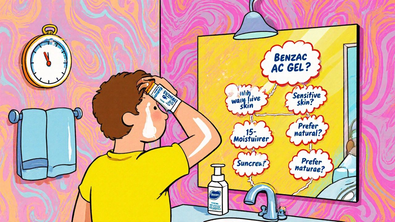 Teen applying Benzac AC Gel with decision‑tree mirror, moisturizer, and sunscreen in a vibrant bathroom.
