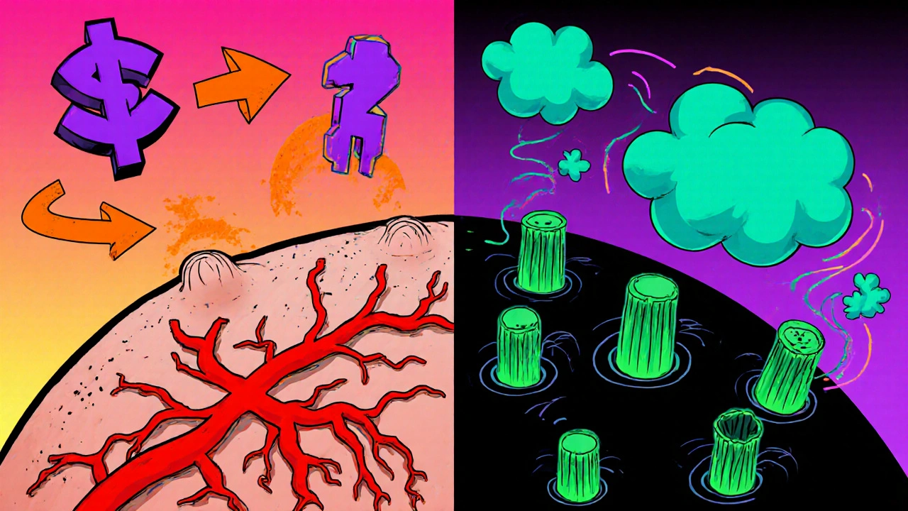 Vibrant illustration of reduced scalp blood flow, hormones, and stress affecting hair follicles.