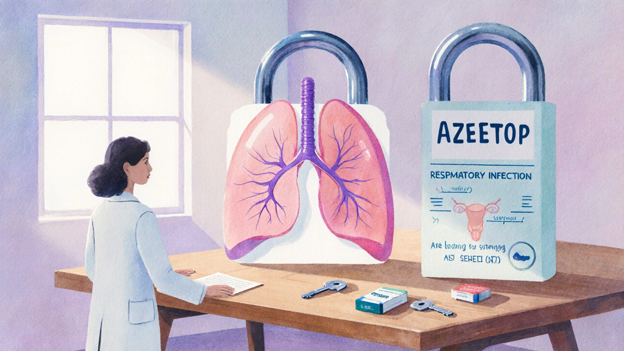 Watercolor scene of a doctor holding a key labeled Azeetop beside lung and pregnancy locks, symbolizing treatment choices.