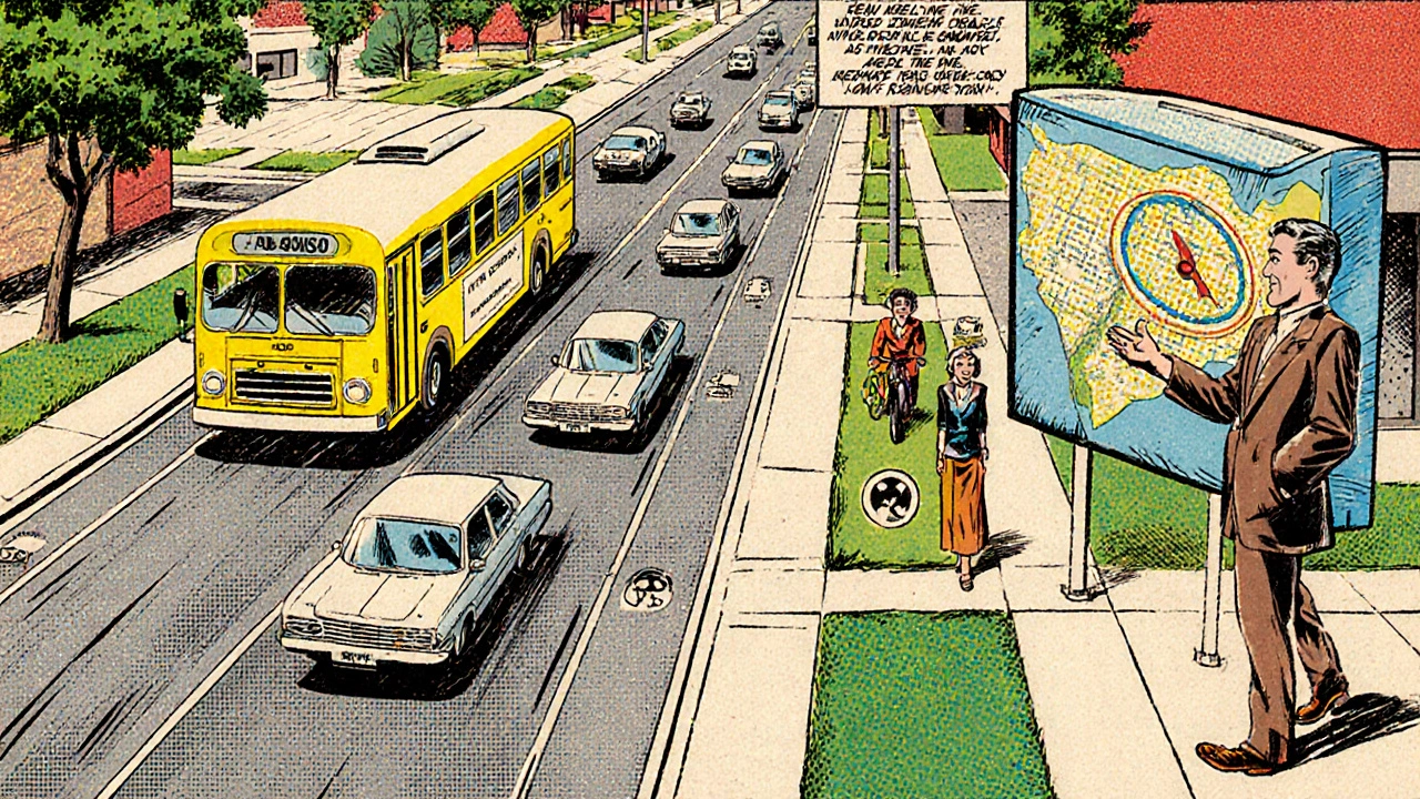Westfield suburb with buses at park‑and‑ride and fast‑moving cars on collector roads, comic‑book style.