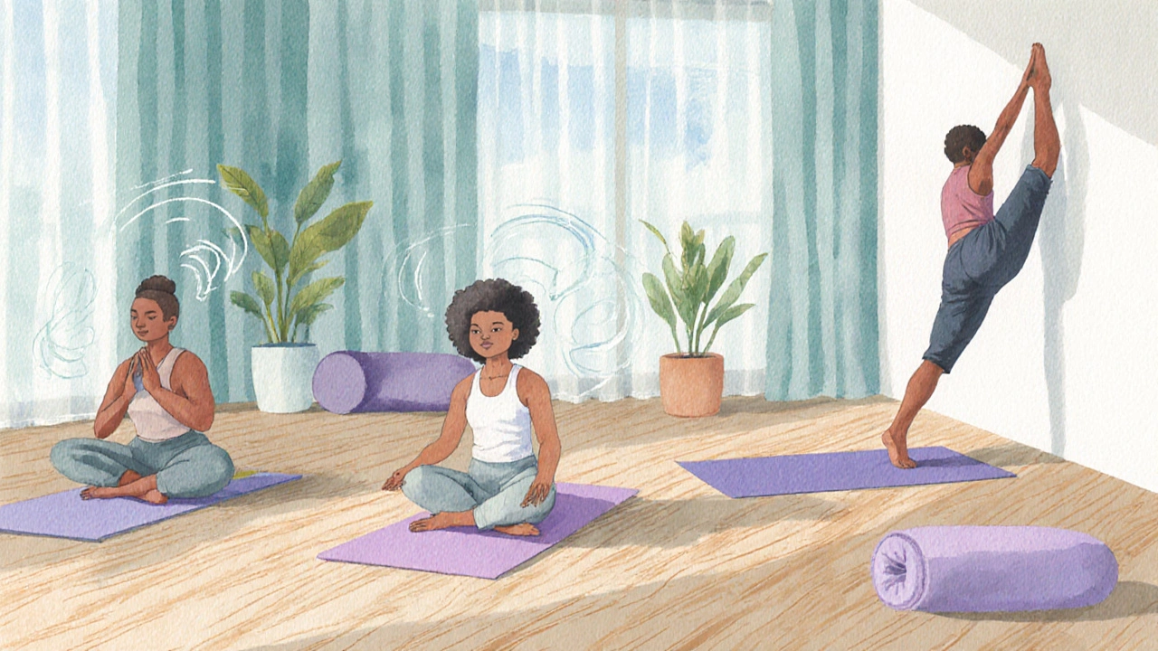 Yoga practitioner doing breathing, Cat‑Cow, Child’s Pose, and Legs‑Up‑the‑Wall in a pastel studio.