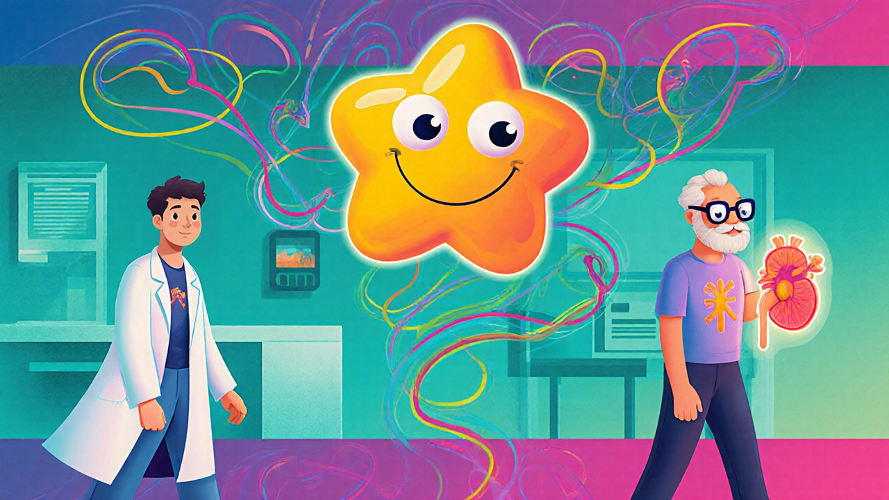 A friendly CK enzyme with a lab coat hovers above a hospital as different patients receive or skip baseline tests, in vibrant Peter Max style.