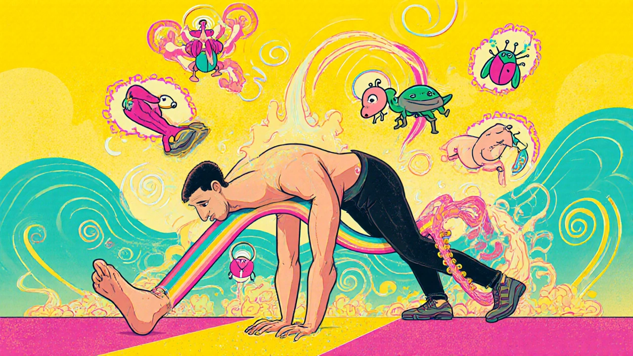 A man doing McKenzie extension as a glowing sciatic nerve arcs down his leg to a foot caught on carpet.