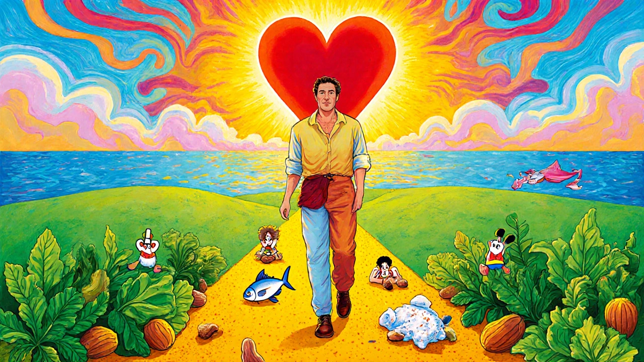 A man walking toward a healthy heart sun, surrounded by nutritious foods and fading bad habits.