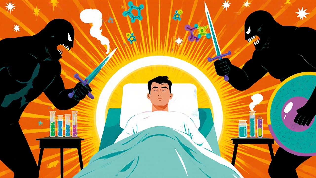 A patient protected by colorful lab tools from dangerous test errors in a vibrant hospital scene.